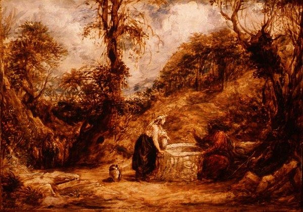 Kristus ja Samarian nainen Jaakobin kaivolla, n. 1850-60 (öljy paneelissa) tekijältä John Linnell