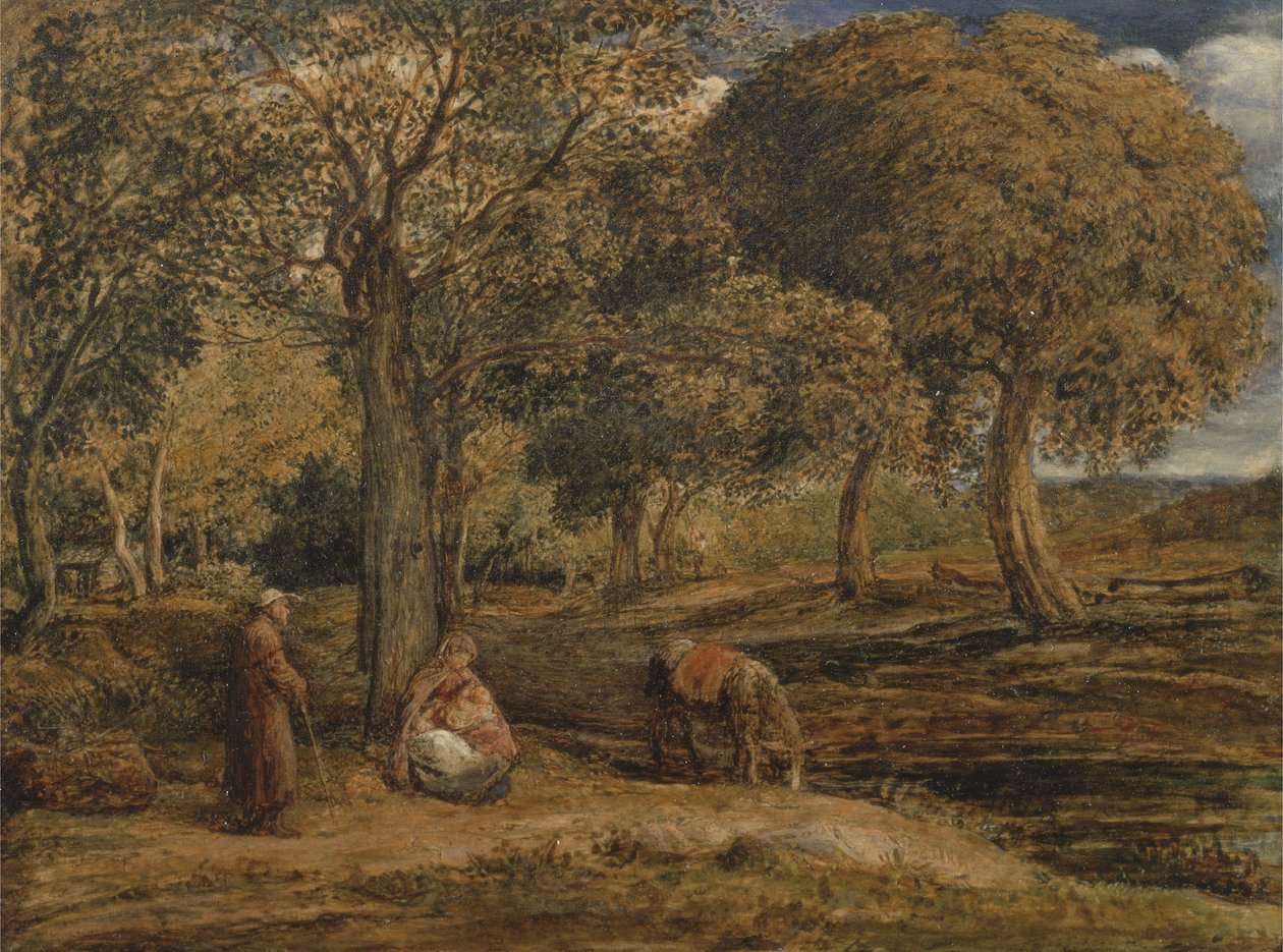 Maisema perheryhmän kanssa, mahdollisesti The Rest on the Flight to Egypt, n. 1827 (öljy paneelissa) tekijältä John Linnell