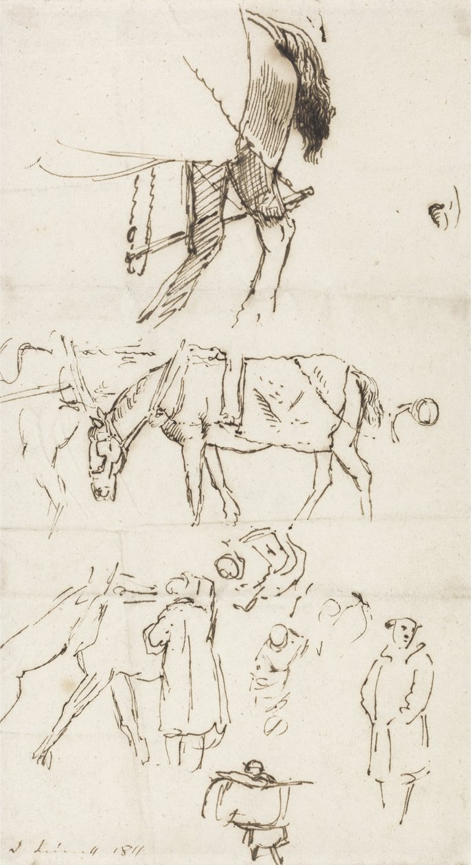 Tutkimuksia hevosista, miehistä ja vaunuista, 1811 (kynä ja ruskea muste paperille) tekijältä John Linnell