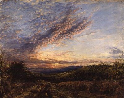 Auringonlasku Moorland-maiseman yllä, 1850-luvun alku (öljy paneelille) tekijältä John Linnell