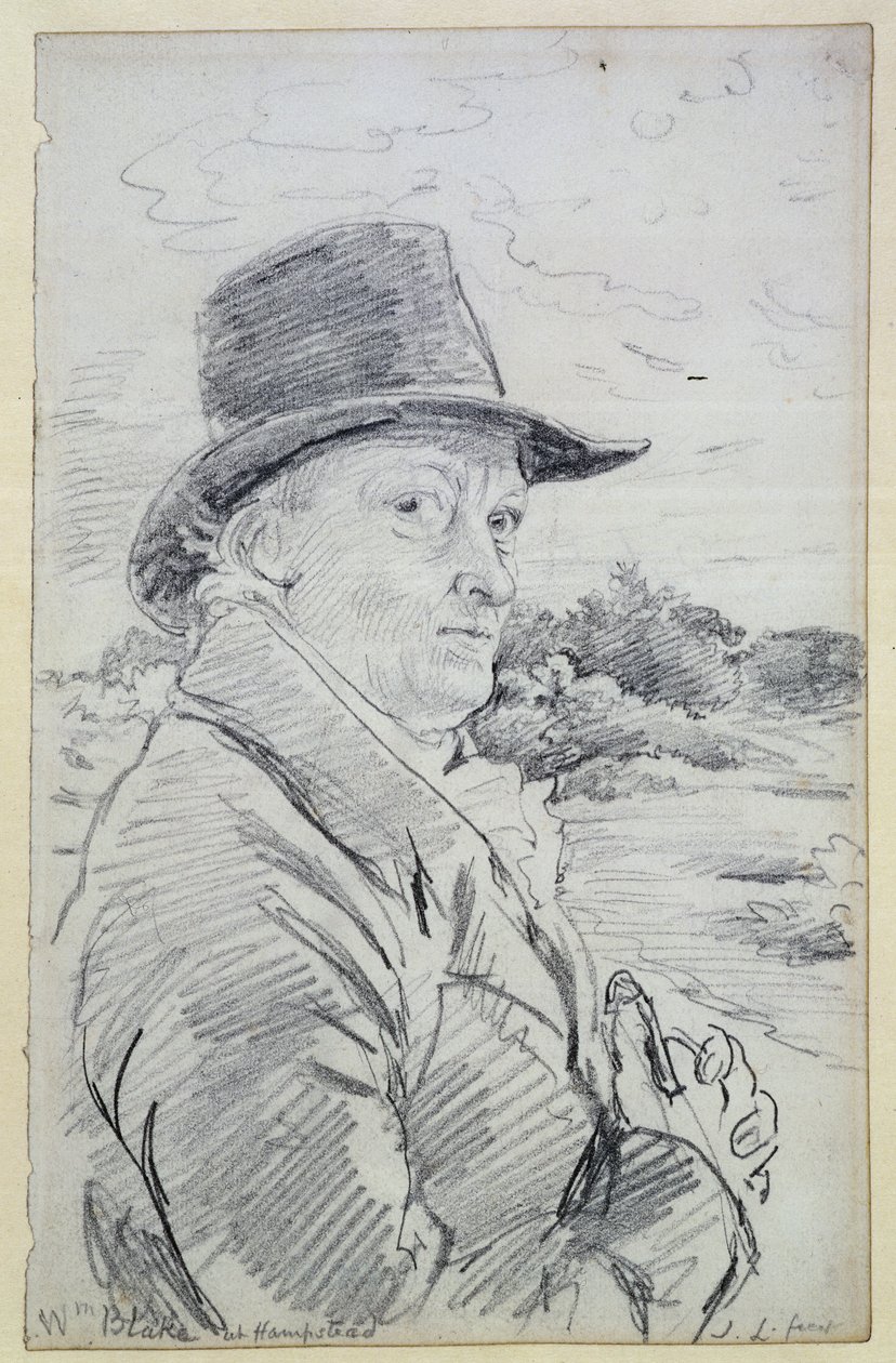 William Blake hattu päässään, (merkintä: Wm Blake at Hampstead) n.1825 (lyijykynä) tekijältä John Linnell