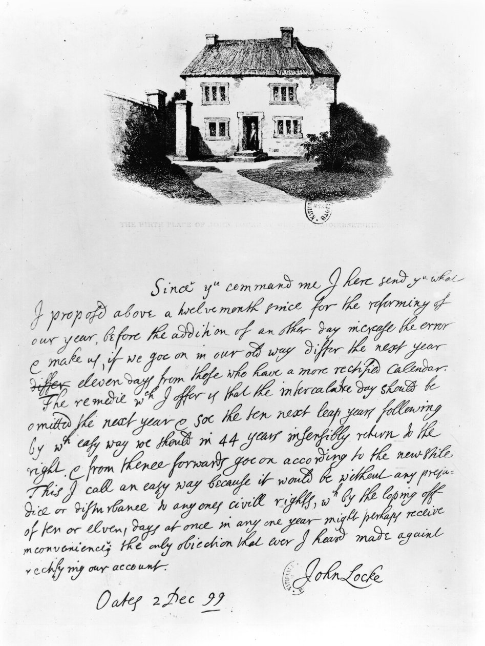 Faksimile kirjeestä, joka havainnollistaa taloa, jossa Locke (1632-1704) syntyi Wringtonissa, Somersetissa (kynä ja muste paperille) tekijältä John Locke