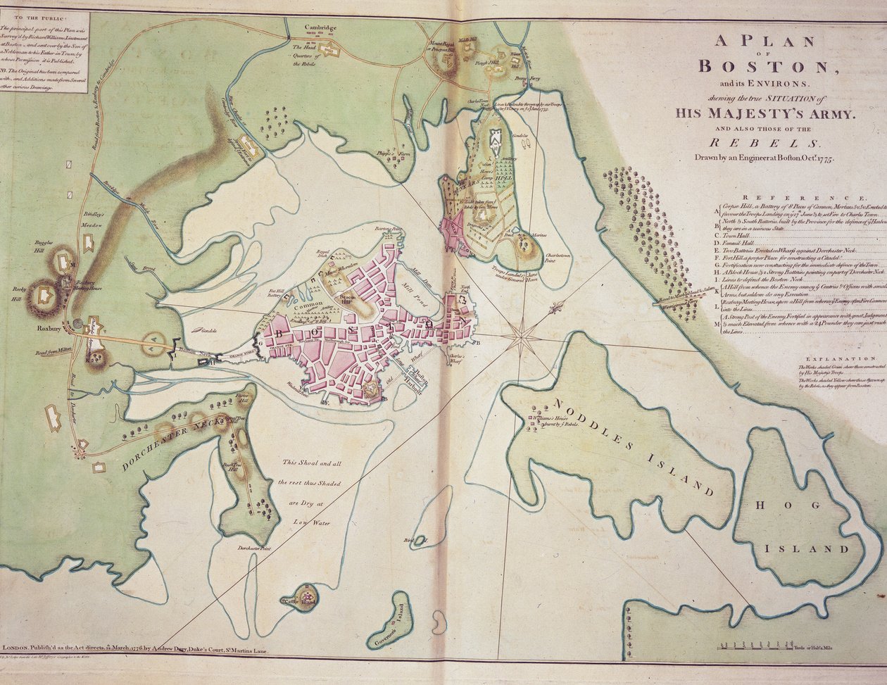 Bostonin ja sen ympäristön suunnitelma, joka näyttää brittijoukkojen ja kapinallisten amerikkalaisten joukkojen sijainnin, piirretty lokakuussa 1775, painettu 