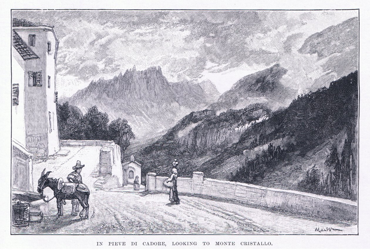 Pieve Di Cadoressa katsomassa Monte Cristalloon, The Magazine of Art 1893, Cassell and Company tekijältä John MacWhirter