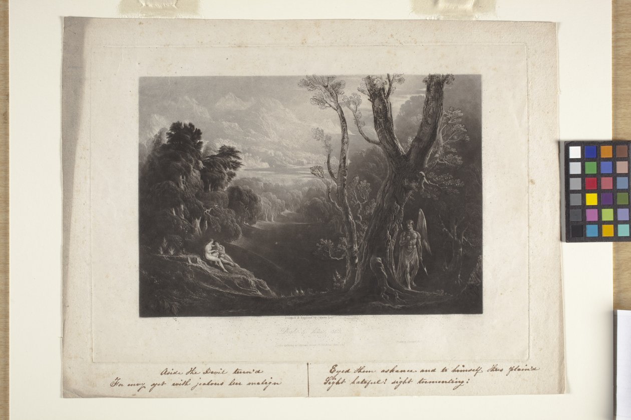 Saatana pohtii Aatamia ja Eevaa paratiisissa (mezzotint) tekijältä John Marin