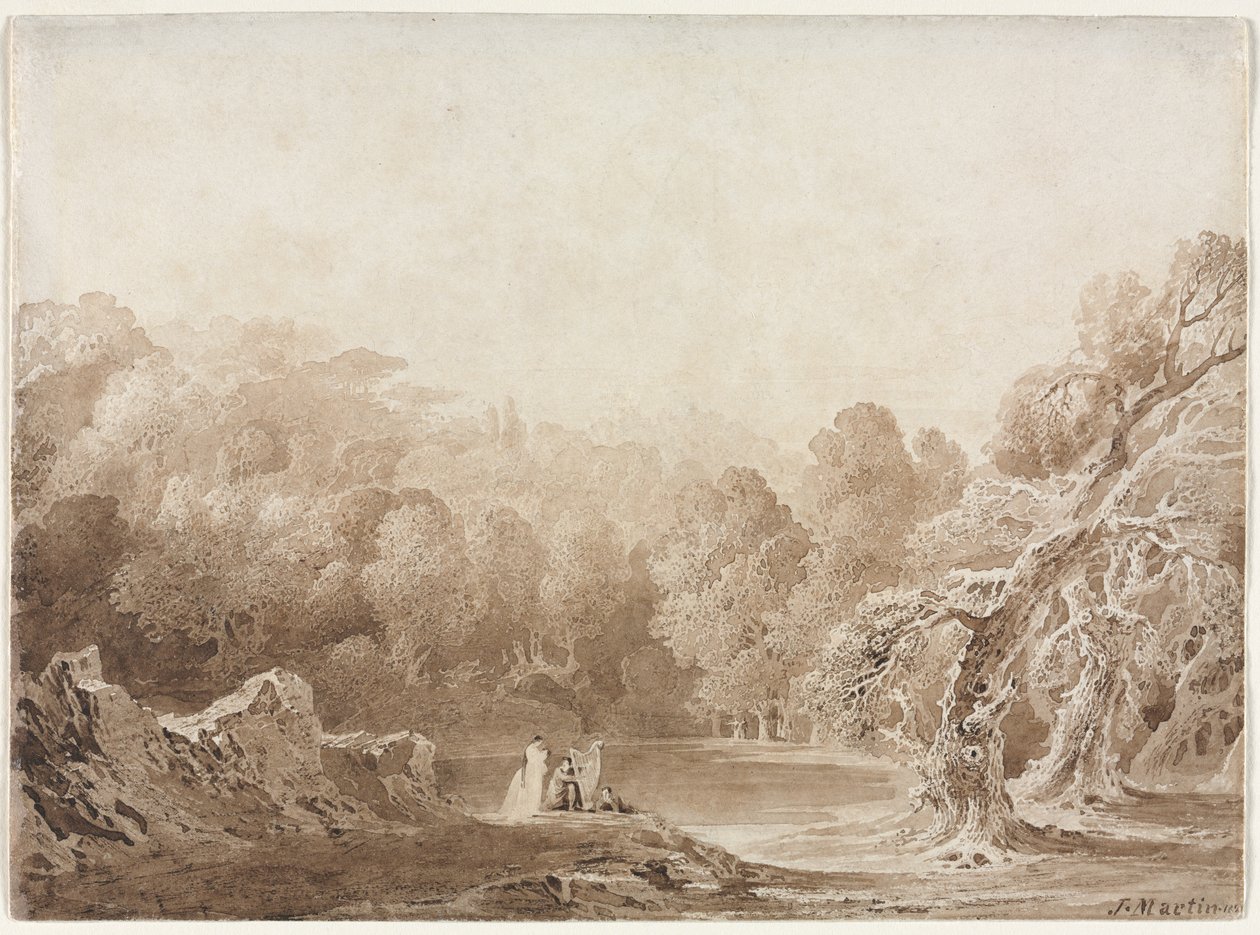 Mies soittamassa harppua muiden hahmojen kanssa järven rannalla, 1820. tekijältä John Martin
