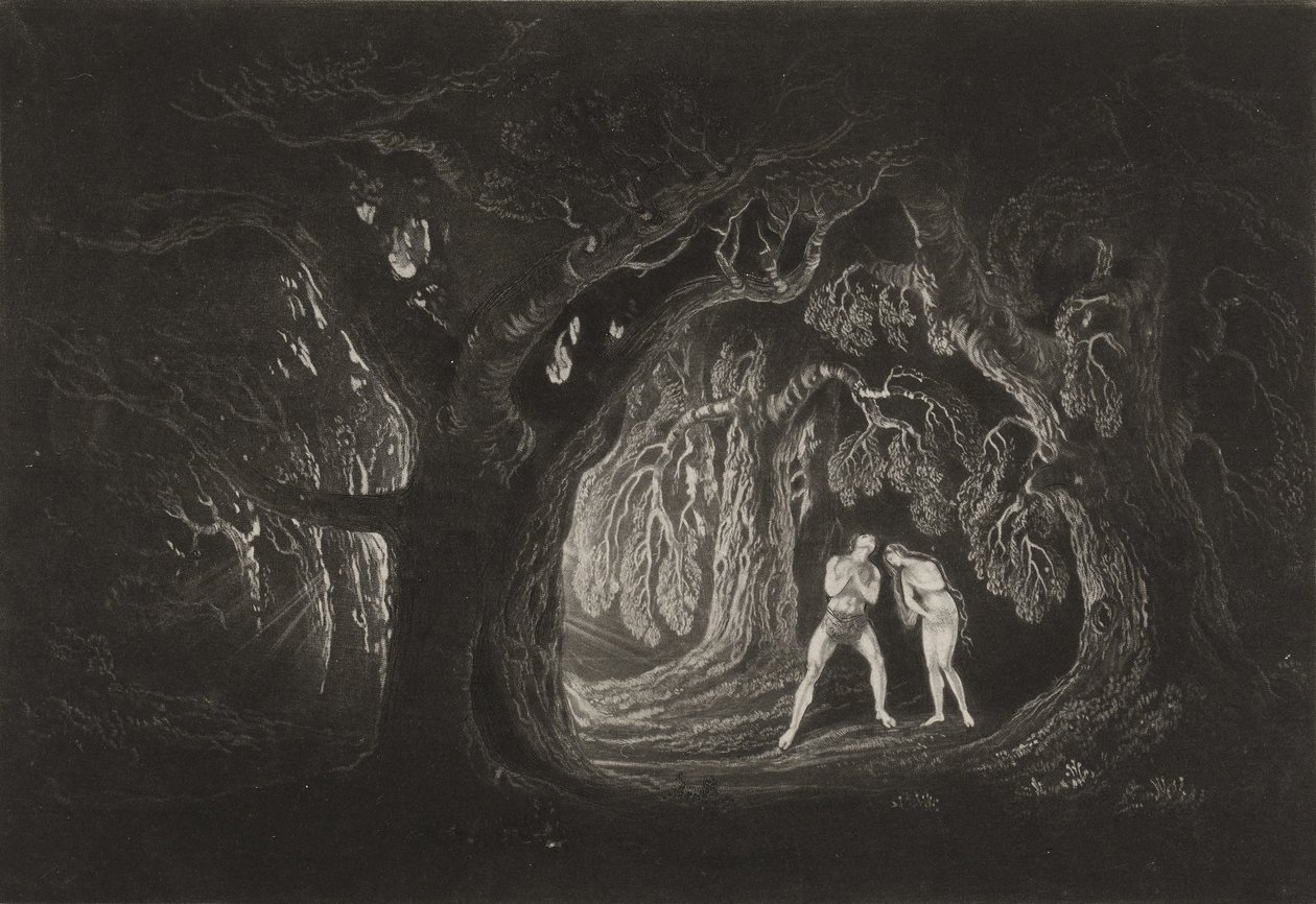 Adam kuulee Kaikkivaltiaan äänen, n. 1827 (mezzotint) tekijältä John Martin