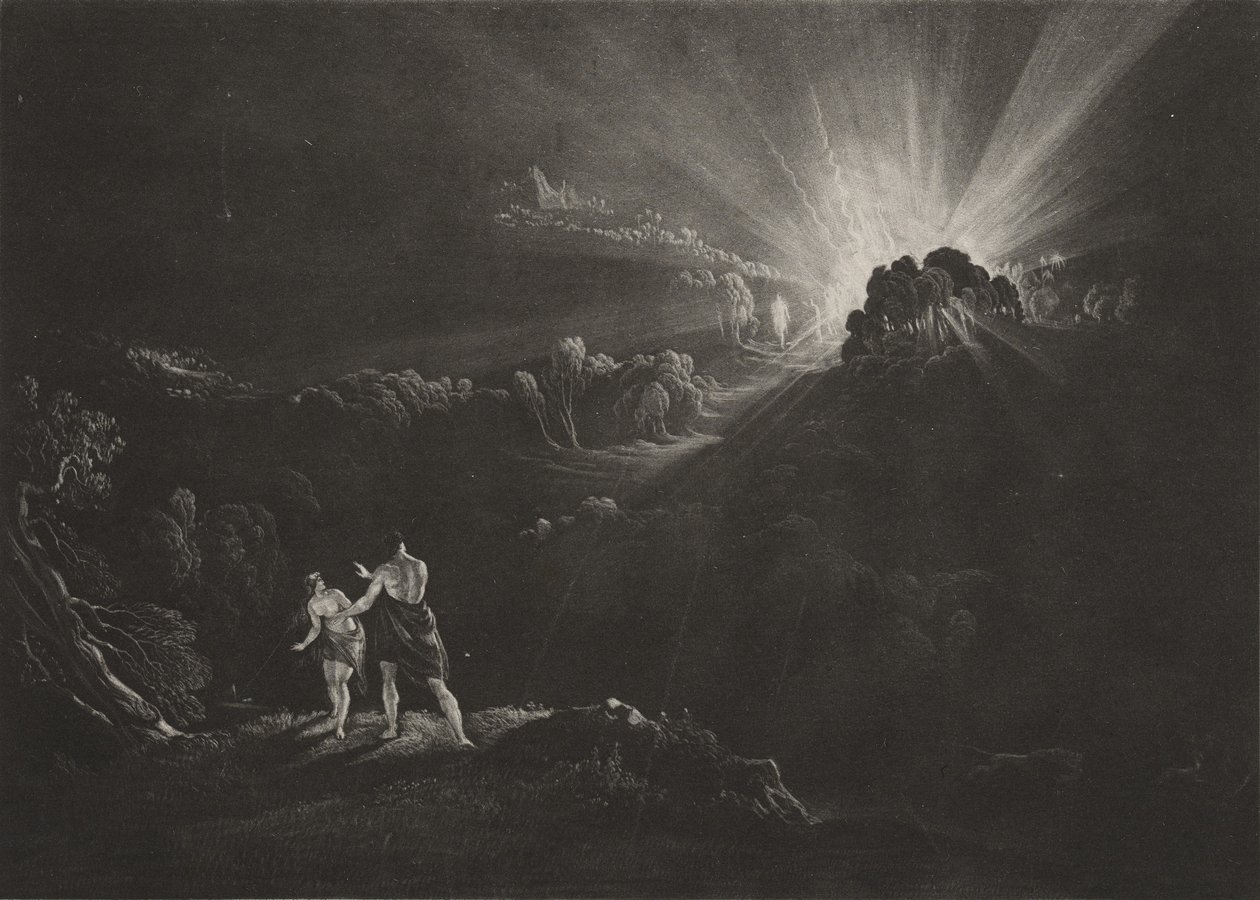 Arkkienkeli Mikaelin lähestymistapa, n. 1827 (mezzotint) tekijältä John Martin