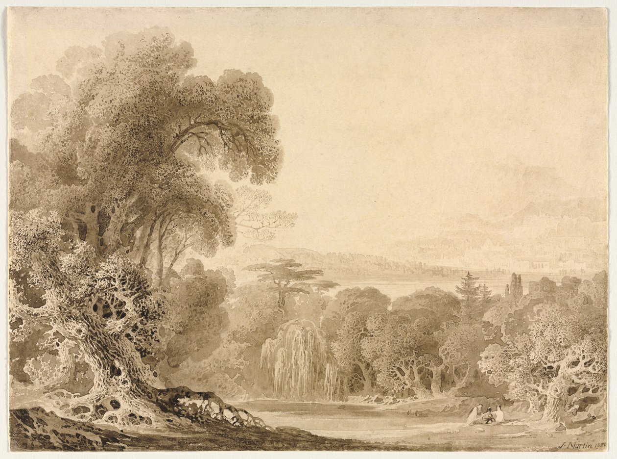 Figuurit istuvat järven rannalla metsäisessä maisemassa, 1820. tekijältä John Martin