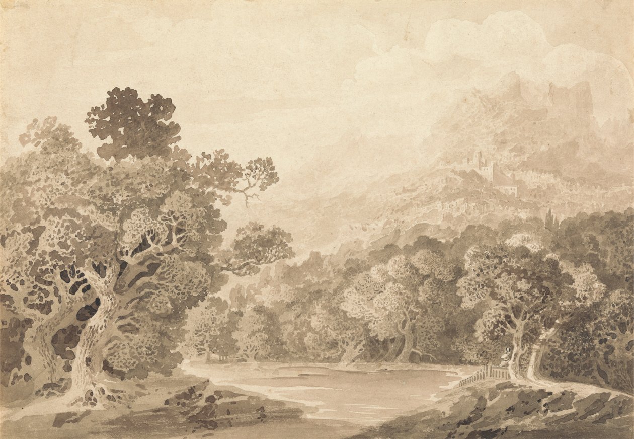 Metsäinen joen ranta, Hill Town ja Mountain Peaks etäisyydellä tekijältä John Martin