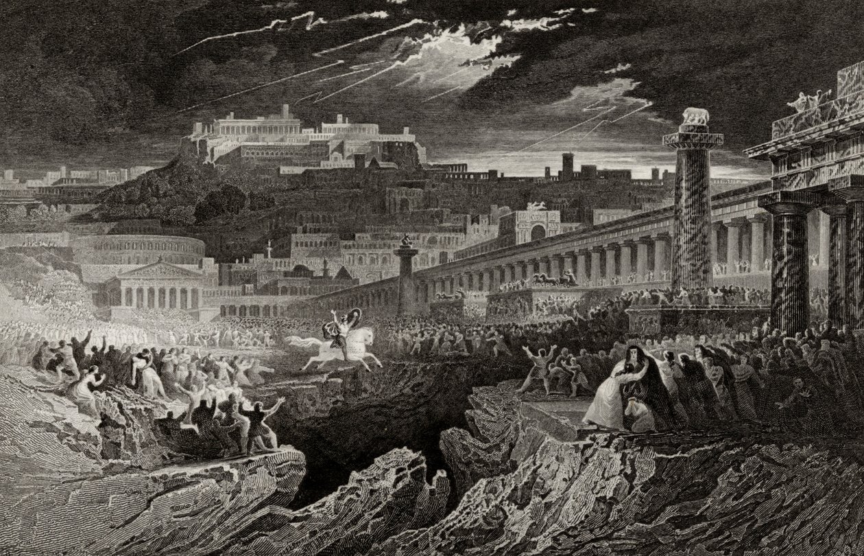 Marcus Curtius ratsastaa kuiluun, kaiverrus H. Le Keux tekijältä John Martin
