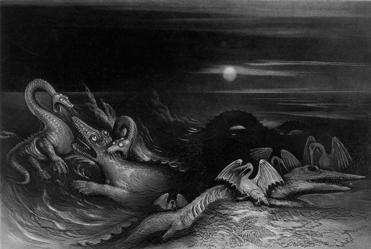 Plesiosaurus taistelee Temnodontosaurusta (Oligostinus) vastaan, 1840 tekijältä John Martin