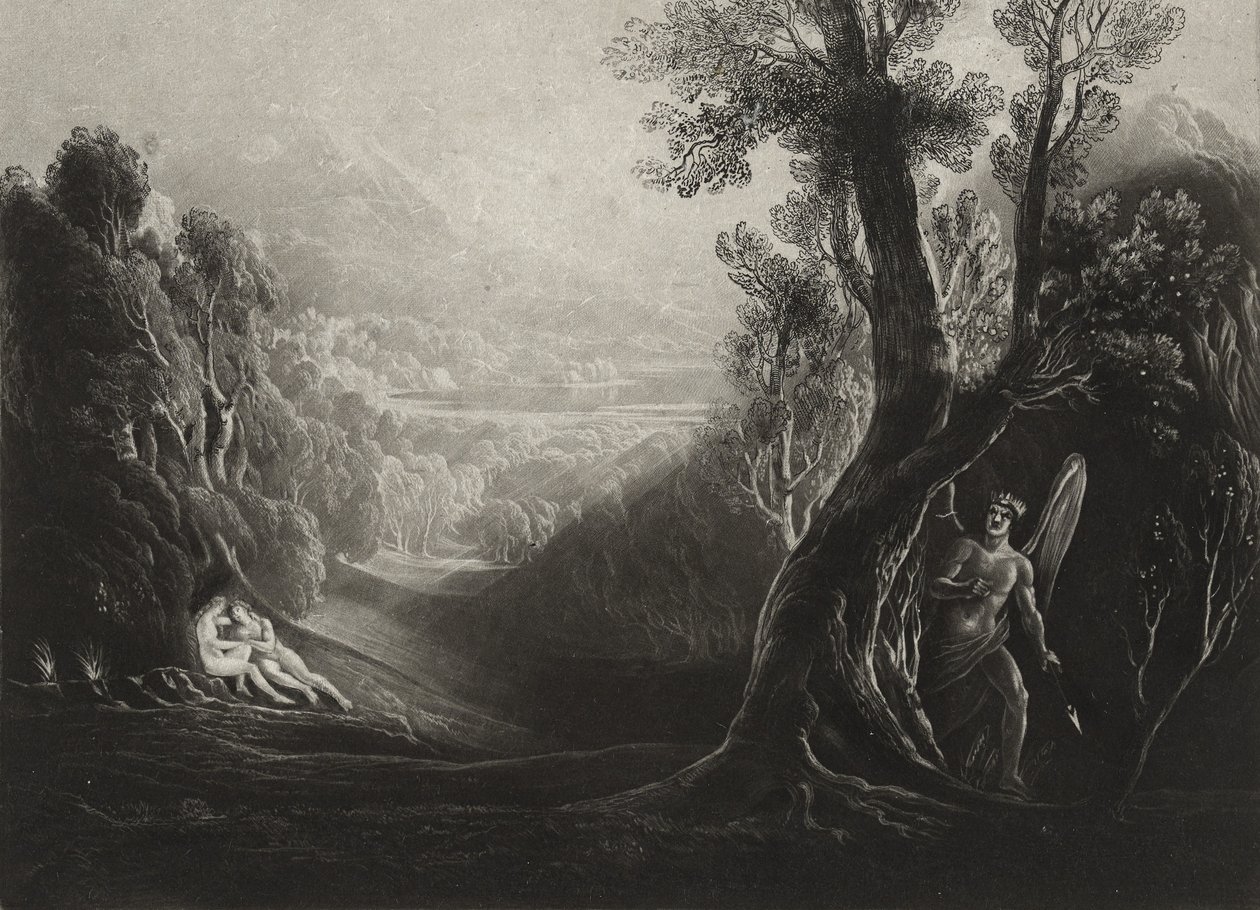 Saatana mietiskelemässä ja Eeva paratiisissa, n. 1827 (mezzotint) tekijältä John Martin
