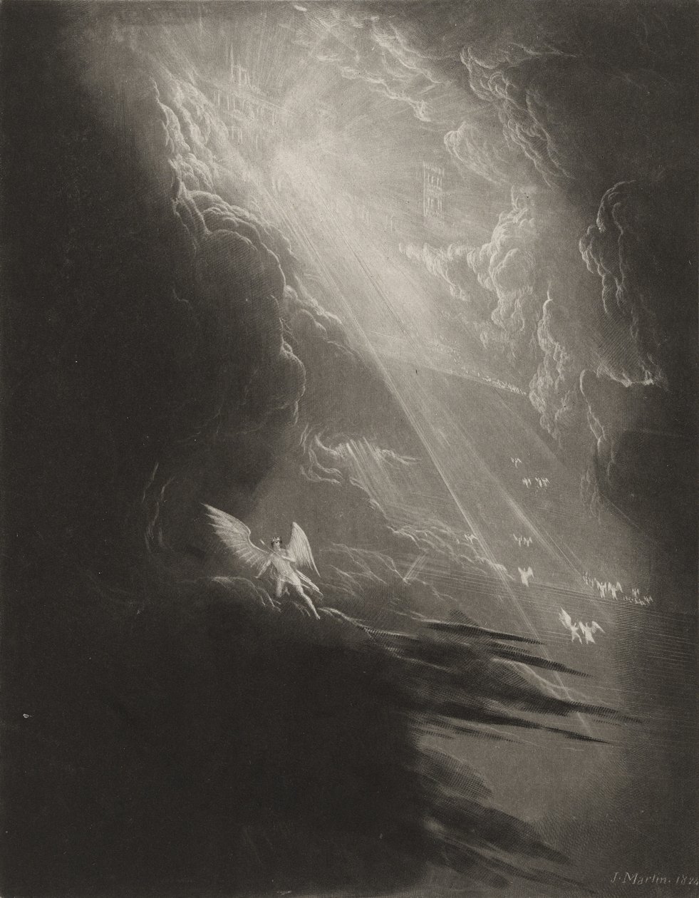 Saatana katselee nousua taivaaseen, n. 1827 (mezzotint) tekijältä John Martin
