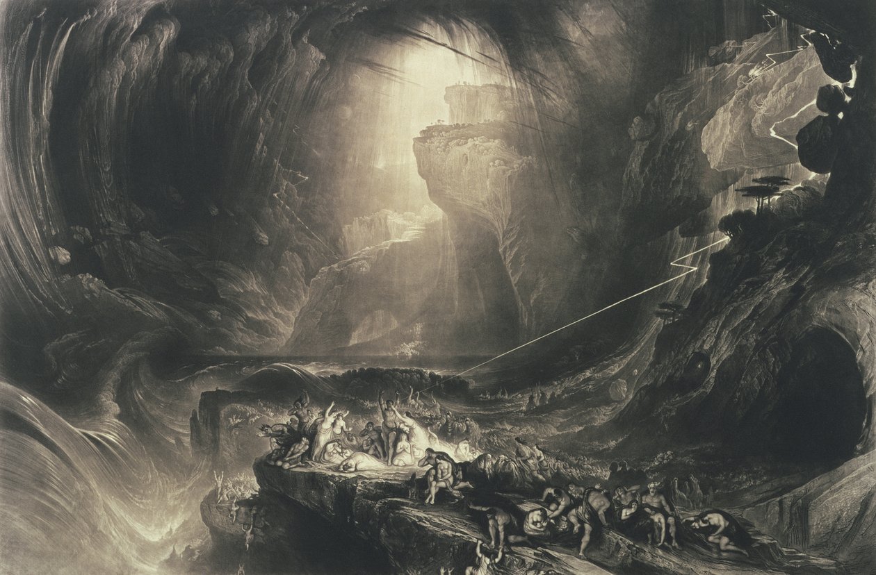 Vedenpaisumus, 1828 (mezzotintti etsauksella) tekijältä John Martin