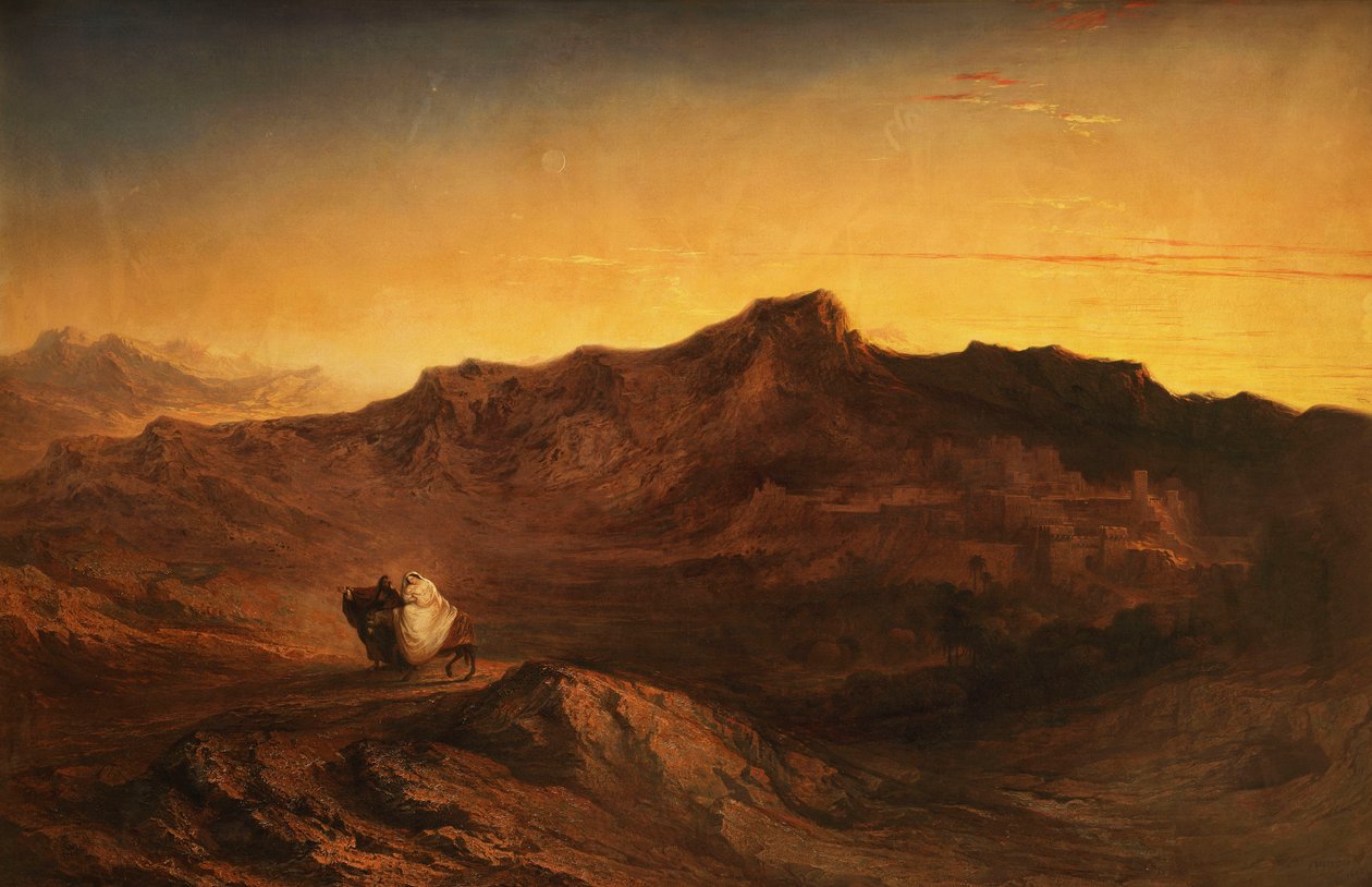 Lento Egyptiin - Kun hän nousi, hän otti lapsen ja hänen äitinsä yöllä ja lähti Egyptiin. - Matteus II, 14, 1842 tekijältä John Martin
