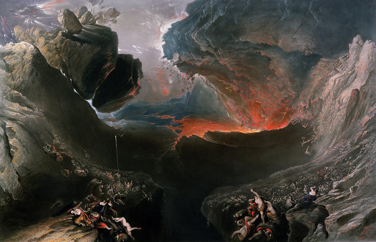 The Great Day of His Wrath, kaiverrettu Charles Mottram (1807-76), julkaissut Thomas McLean, Lontoo vuonna 1857 (käsinvärinen kaiverrus) tekijältä John Martin