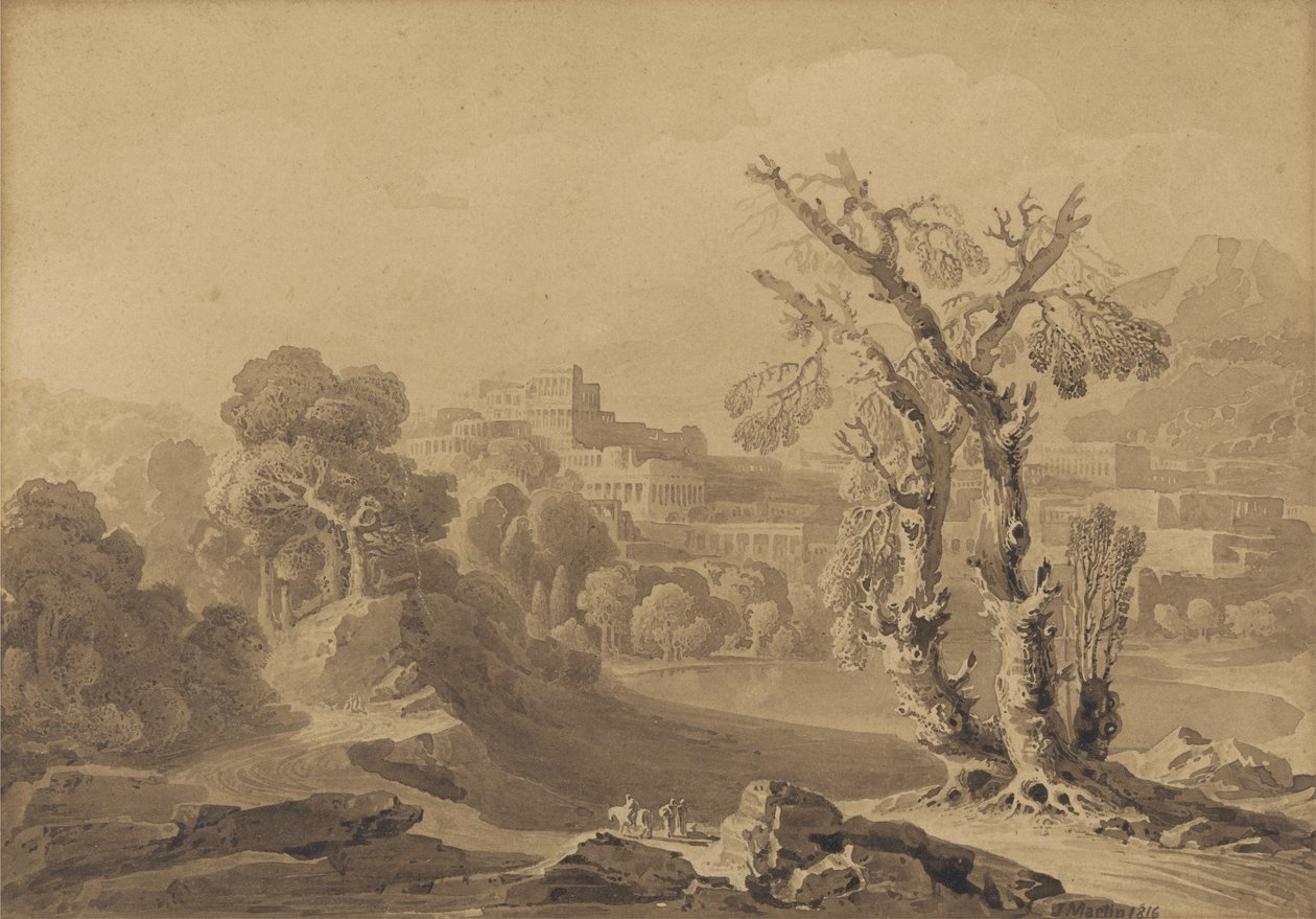 Nimetön: Klassinen kaupunki maisemassa, 1816 (pesu kortille) tekijältä John Martin