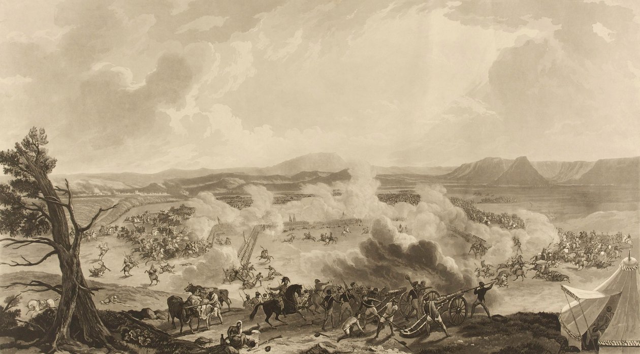 Kirkeen taistelu käytiin 5. marraskuuta 1816, jolloin ikimuistoinen tilaisuus 4785 [sic] brittijoukot voittivat Mahrattan armeijan (akvatinta, värillinen) tekijältä John Massey (after) Wright