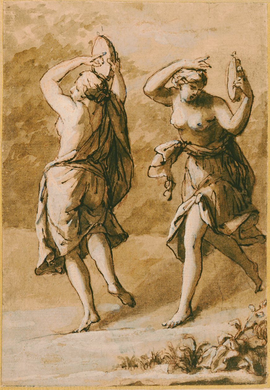 Two Maenads, A Study (ruskea pesu, jossa valkoiset kohokohdat ja ruskea muste paperille) tekijältä John Michael Rysbrack
