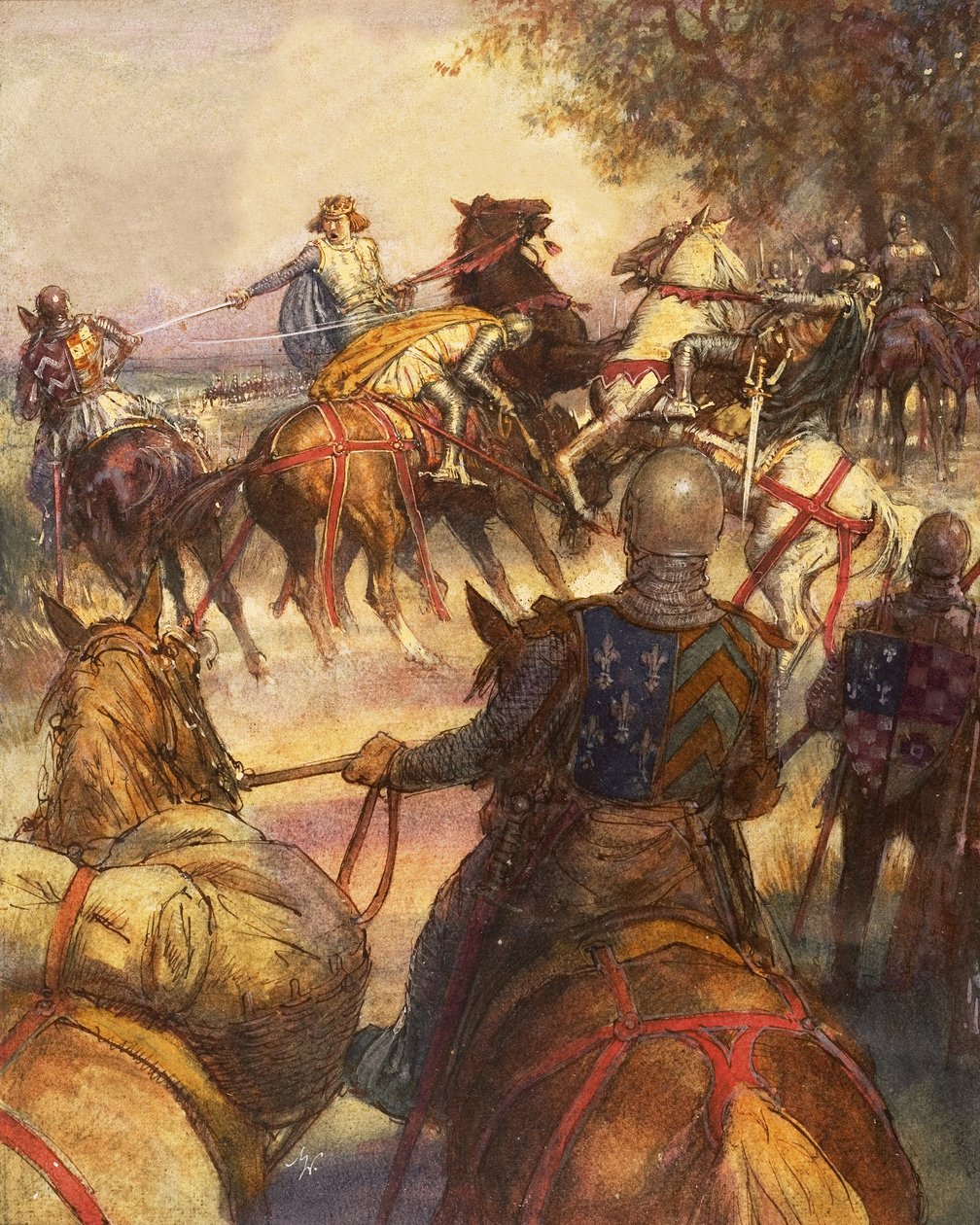 Ranskan Kaarle VI, joka on täysin hullu, syöksyy miekallaan seuraajiaan kohti. tekijältä John Millar Watt