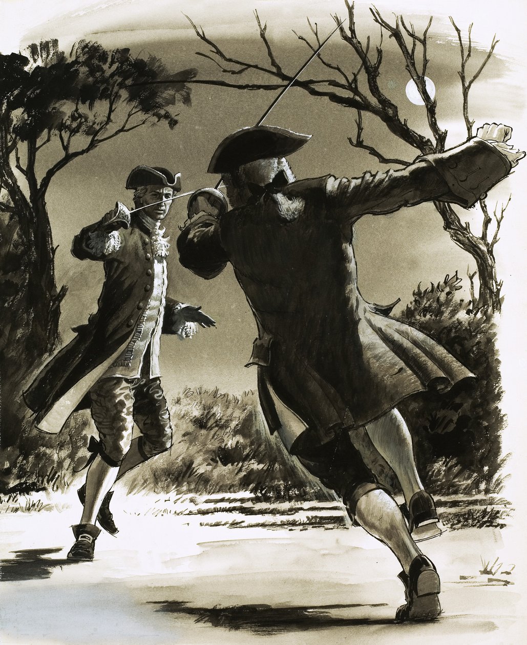 Tunnistamattomat miehet kaksintaistelevat miekoilla kuunvalossa tekijältä John Millar Watt