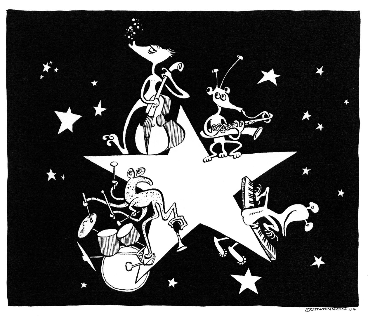 John Minnionin tekemä karikatyyri Alien All- Stars -elokuvasta tekijältä John Minnion