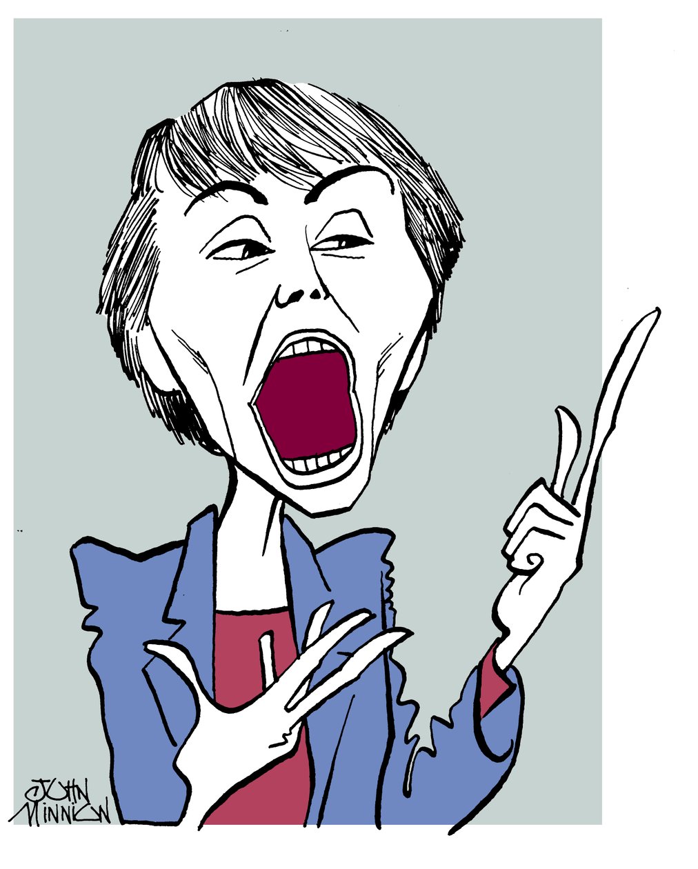 Camille Paglia - karikatyyri suu auki tekijältä John Minnion