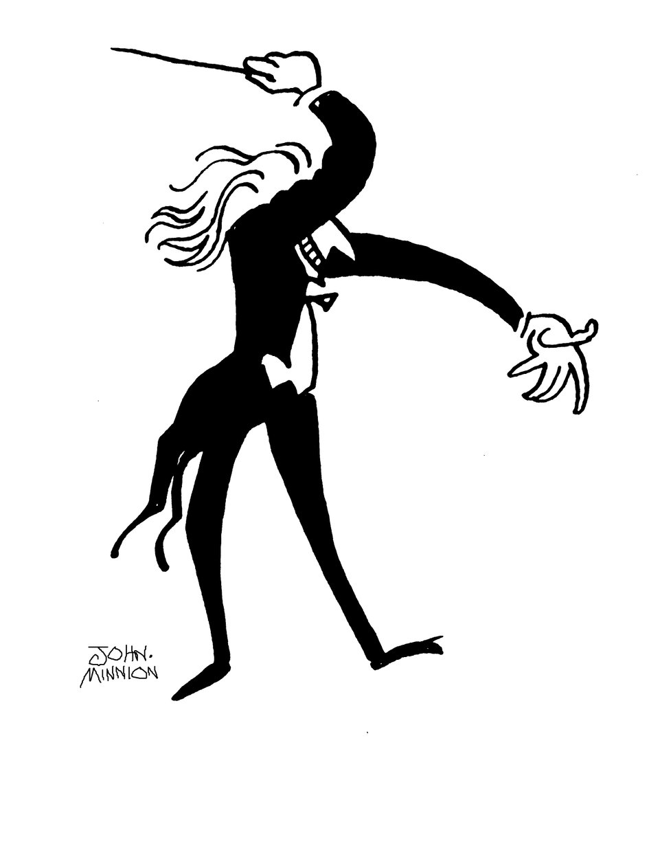 Karikatyyri kapellimestarista, joka johtaa dramaattisesti kapellimestaria. tekijältä John Minnion