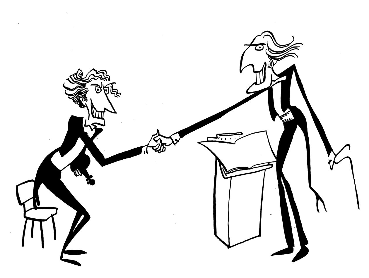 Karikatyyri kapellimestarista tervehtimässä orkesterin johtajaa. tekijältä John Minnion