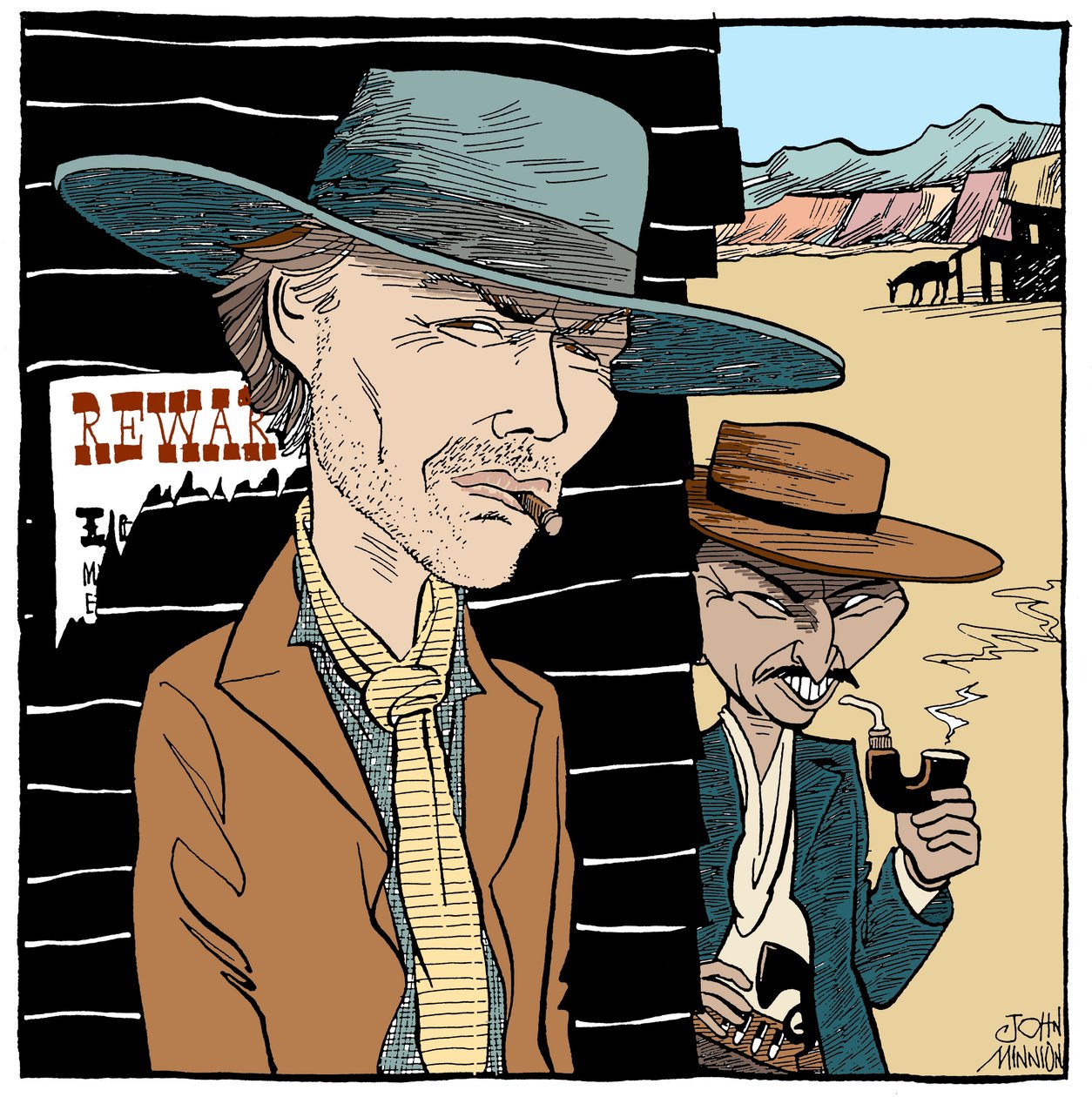 Clint Eastwood ja Lee Van Cleef, karikatyyri: John Minnion tekijältä John Minnion