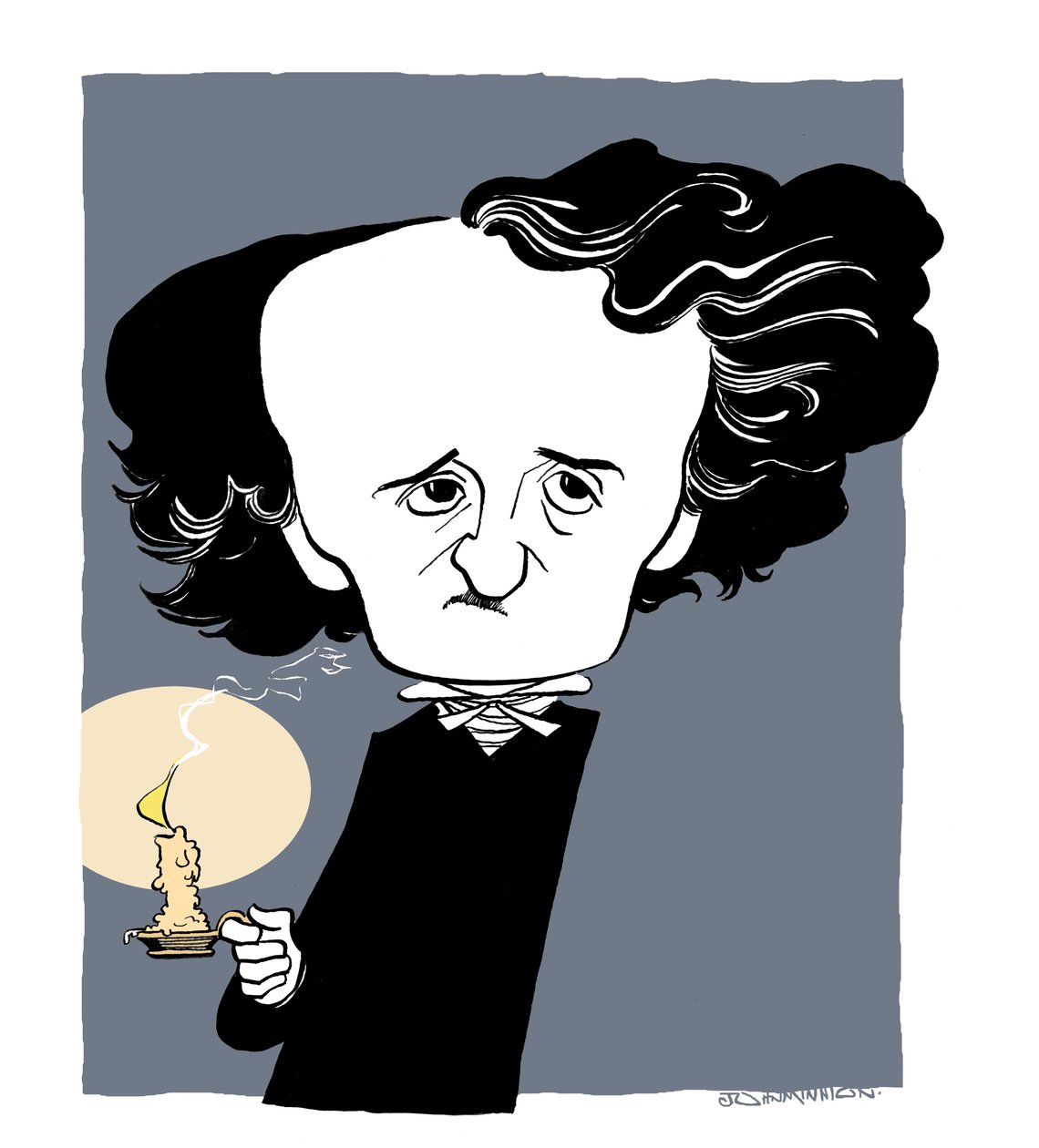 Edgar Allan Poe - karikatyyri, kädessä kynttilänjalka tekijältä John Minnion