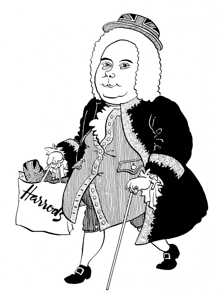 Georg Friedrich - George Frideric Handel - saksalaisen (myöhemmin englantilaisen) säveltäjän karikatyyri, jolla on Union Jack -hattu ja Harrodsin laukku. tekijältä John Minnion