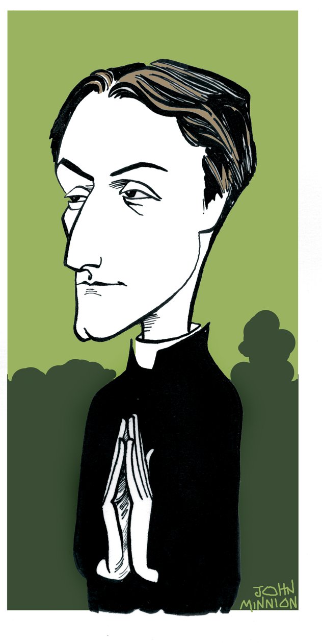 Gerard Manley Hopkins karikatyyri, englantilainen runoilija, roomalaiskatoliseksi kääntynyt ja jesuiittapappi: 28. heinäkuuta 1844 - 8. kesäkuuta 1889. tekijältä John Minnion