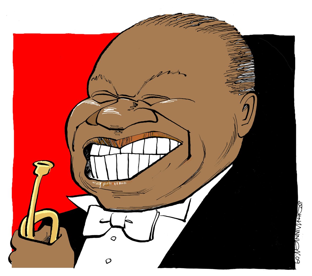 Louis Armstrong - karikatyyri, soittaa trumpettia tekijältä John Minnion