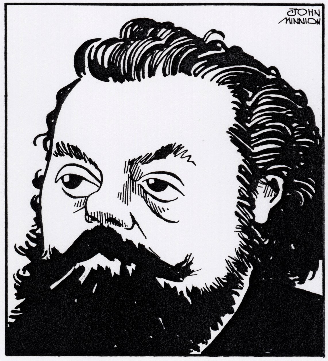Modest Petrovich Mussorgsky, karikatyyrimuotokuva tekijältä John Minnion