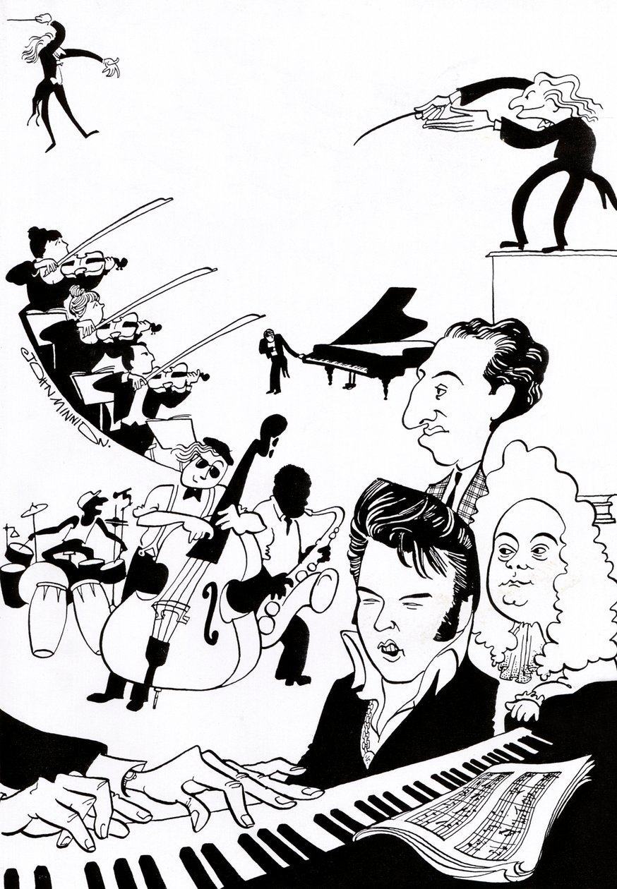 Musiikkifantasia - musiikkikirjan tai -artikkelin kansi - jossa on kapellimestarit, muusikot, instrumentit, viulu, rummut, kontrabasso, saksofoni, piano, partituuri, Elvis, Bach, tekijältä John Minnion