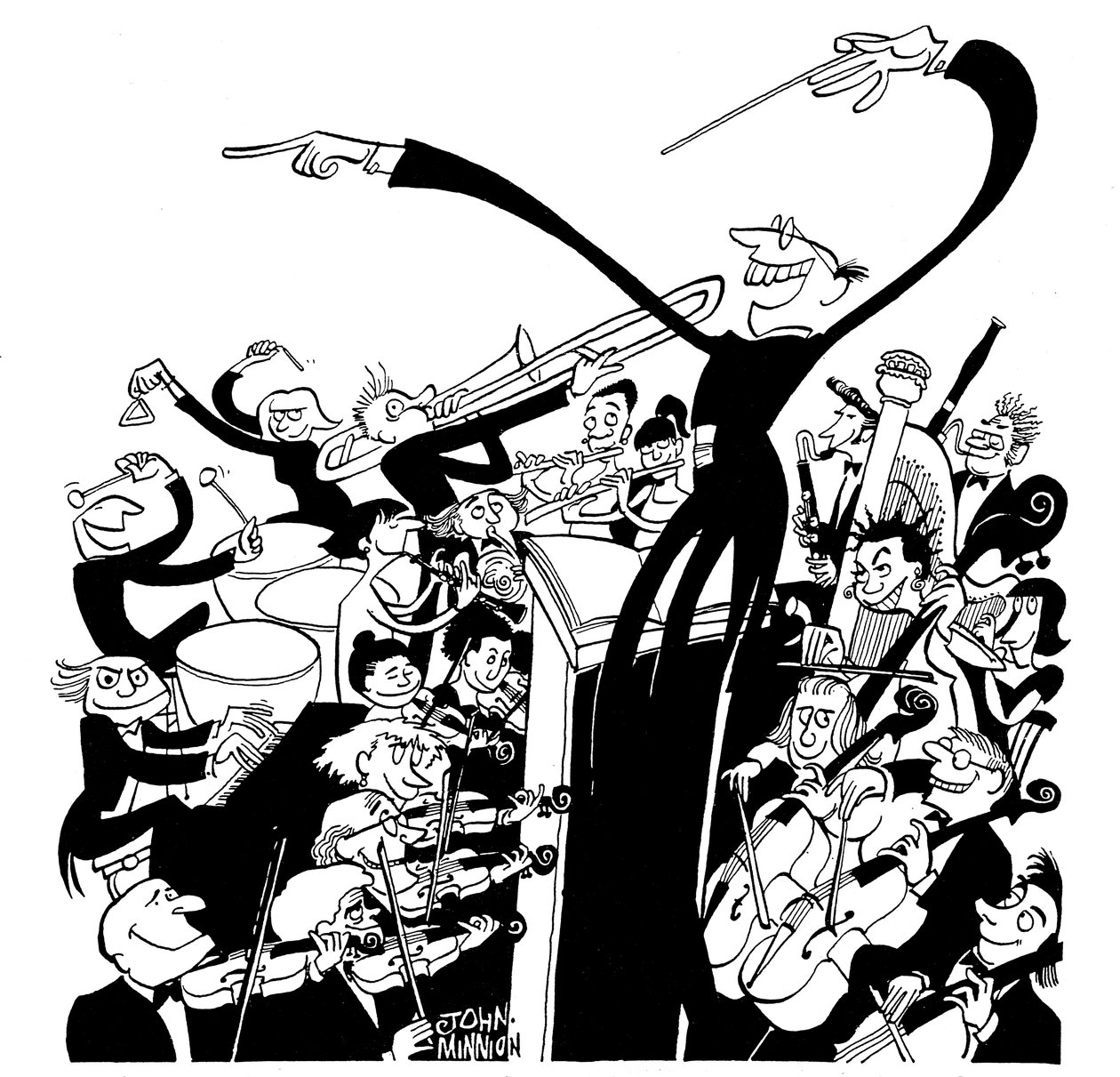 Orkesteri ja kapellimestari - John Minnionin karikatyyri tekijältä John Minnion