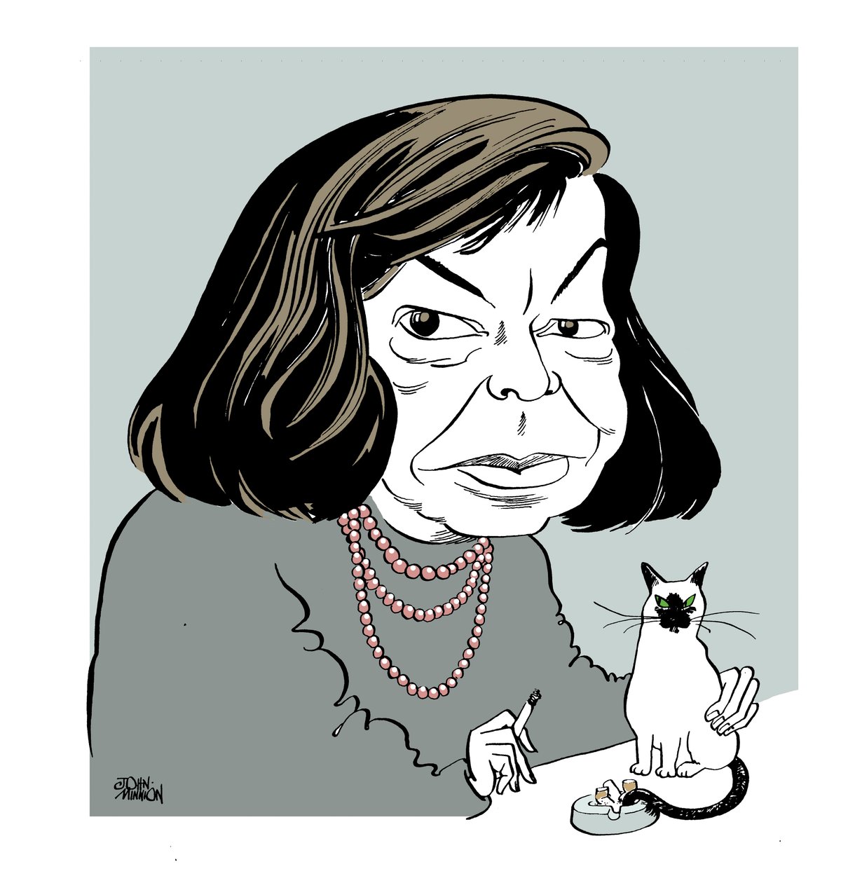 Patricia Highsmith - karikatyyri kissansa kanssa, tupakointi tekijältä John Minnion