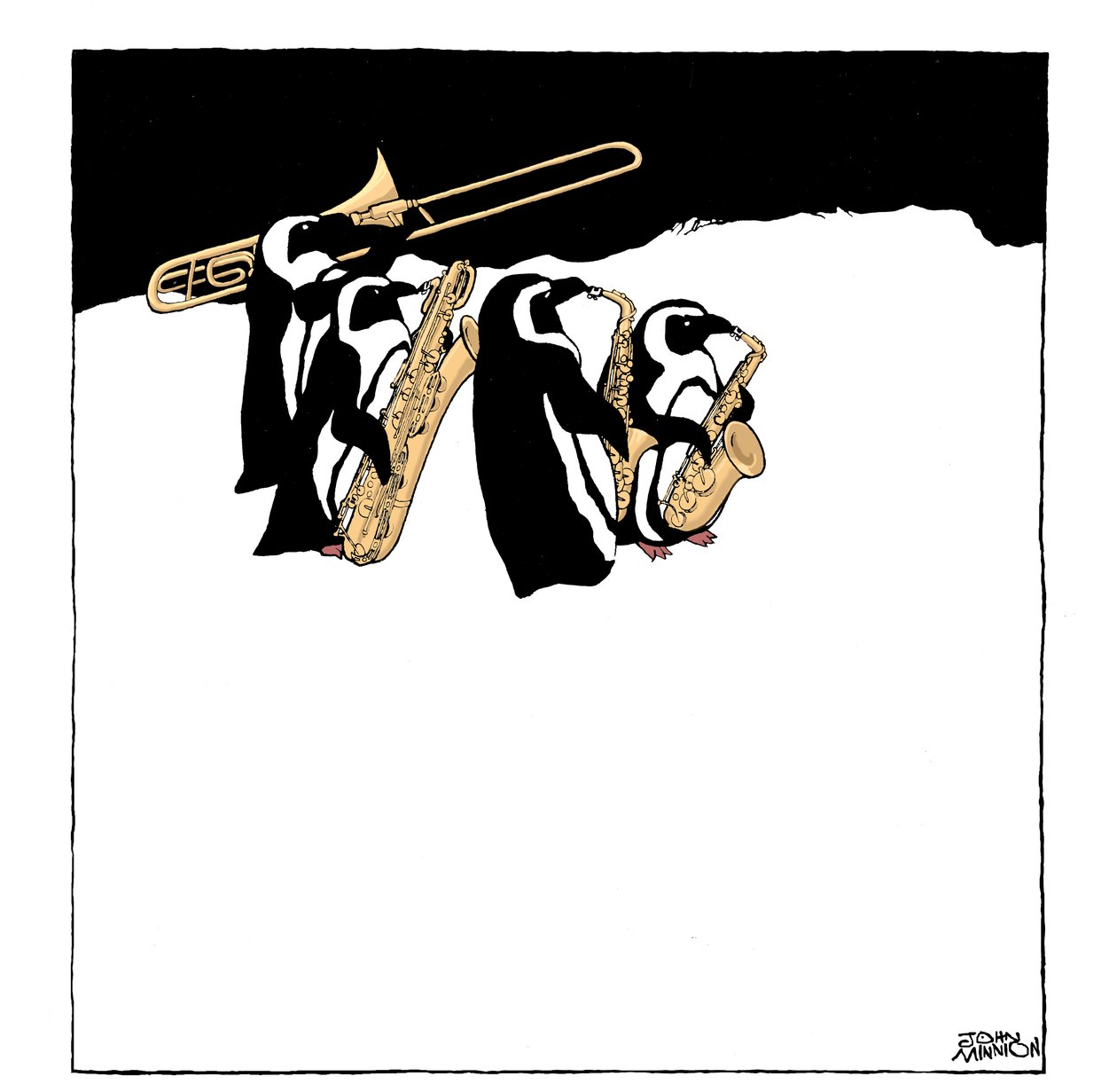 Pingviinibändi - karikatyyri ryhmästä pingviinejä, jotka soittavat puhallinsoittimia - pasuunaa ja saksofonia - soittamassa tekijältä John Minnion