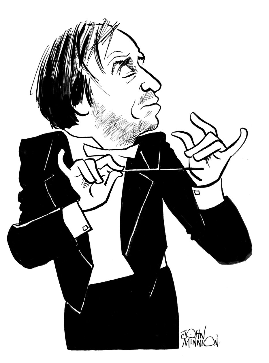 Valeri Gergijev karikatyyri, venäläinen kapellimestari ja oopperajohtaja: b tekijältä John Minnion