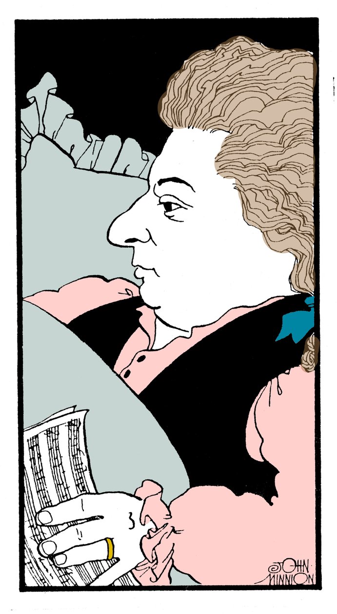 Wolfgang Amadeus Mozart - karikatyyri itävaltalaisesta säveltäjästä kuolinvuoteellaan. tekijältä John Minnion