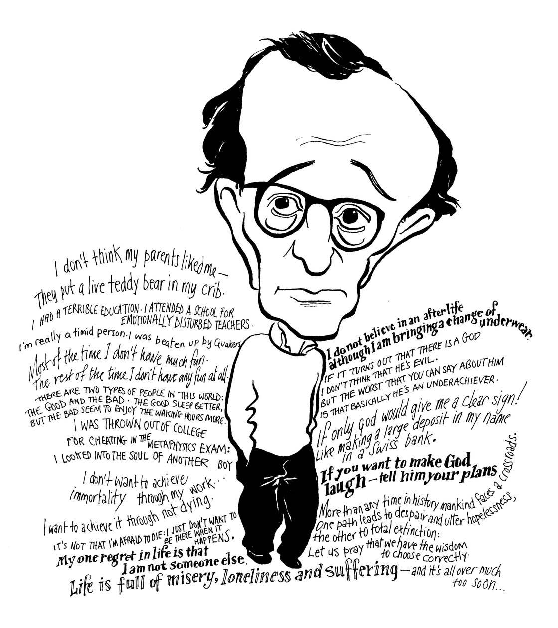 Woody Allenin karikatyyri, amerikkalainen elokuvaohjaaja, kirjailija, näyttelijä, koomikko ja näytelmäkirjailija: b tekijältä John Minnion