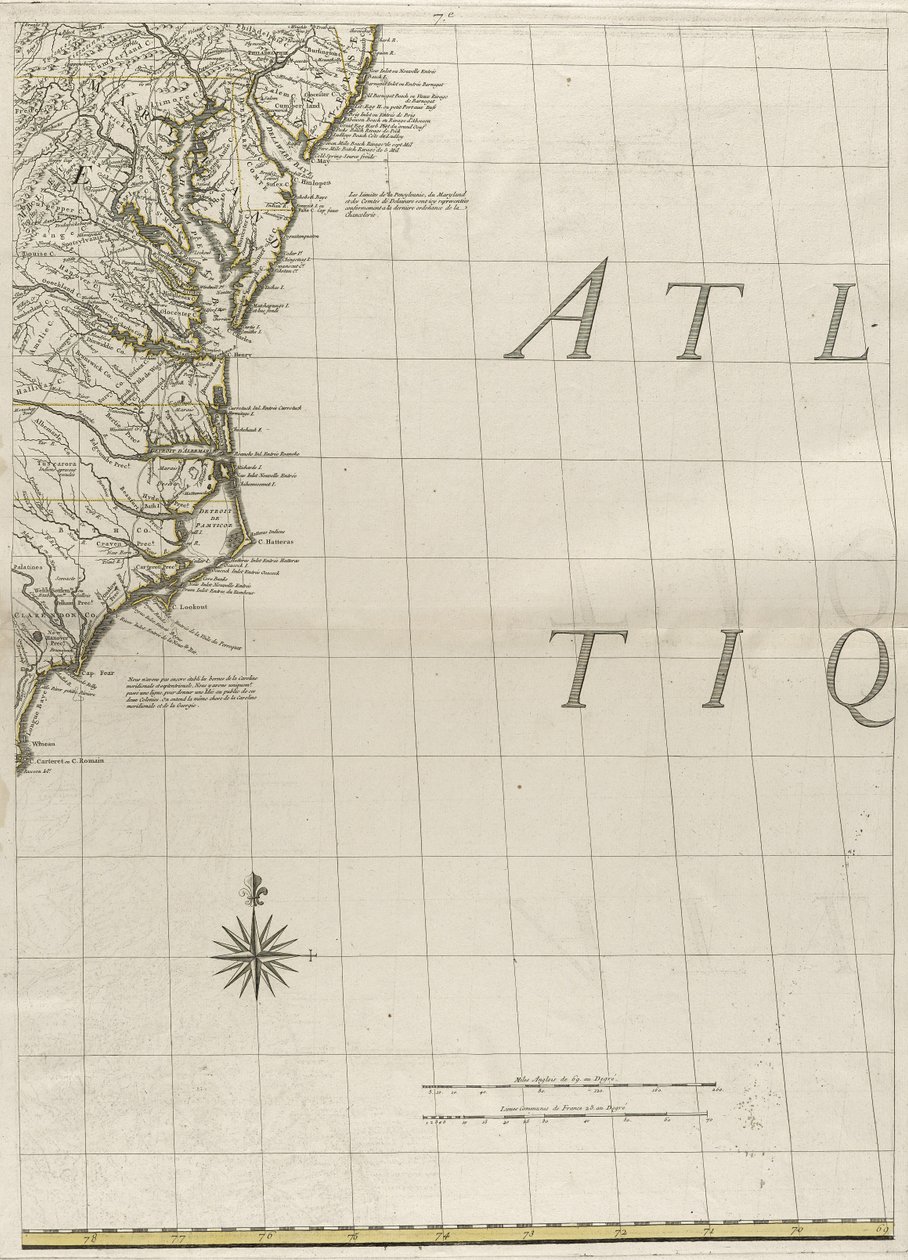Kartta brittiläisistä ja ranskalaisista alueista Amerikassa, 1756 (kaiverrus ääriviivavärillä paperille) tekijältä John Mitchell