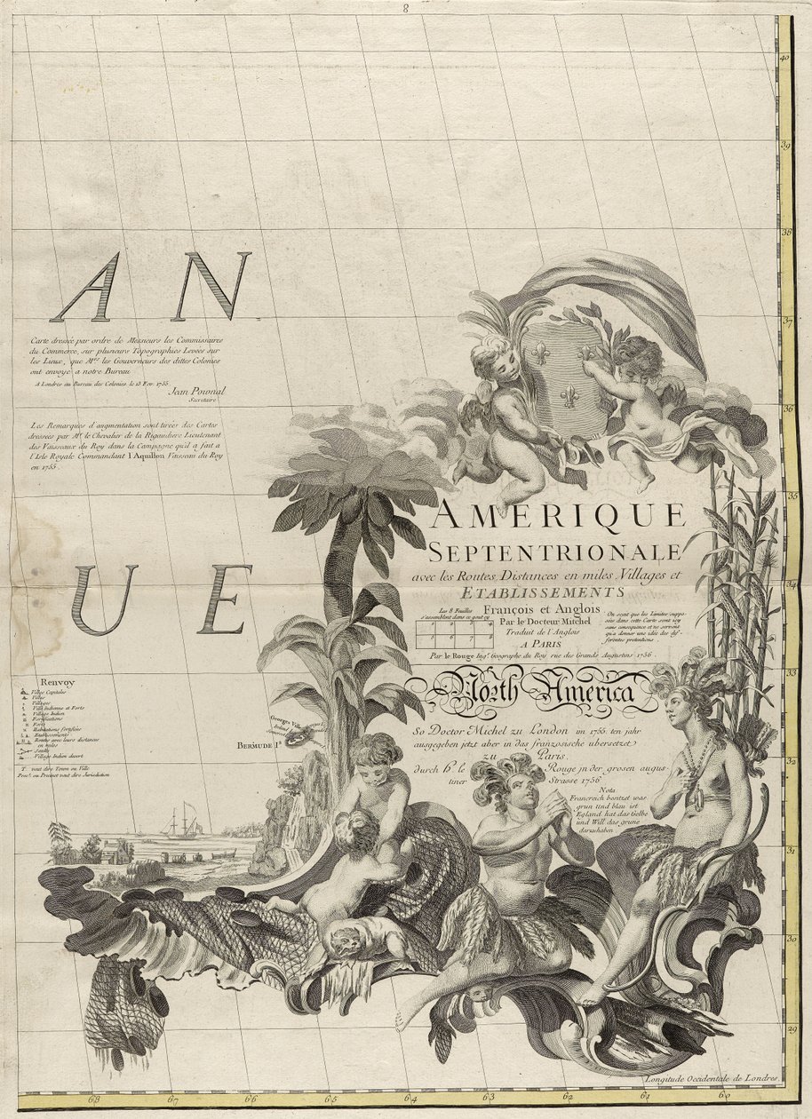 Kartta brittiläisistä ja ranskalaisista alueista Amerikassa, 1756 (kaiverrus ääriviivavärillä paperille) tekijältä John Mitchell