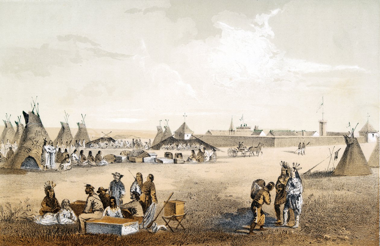 Fort Union ja tavaroiden jakelu Assiniboine, pub. 1860 tekijältä John Mix Stanley