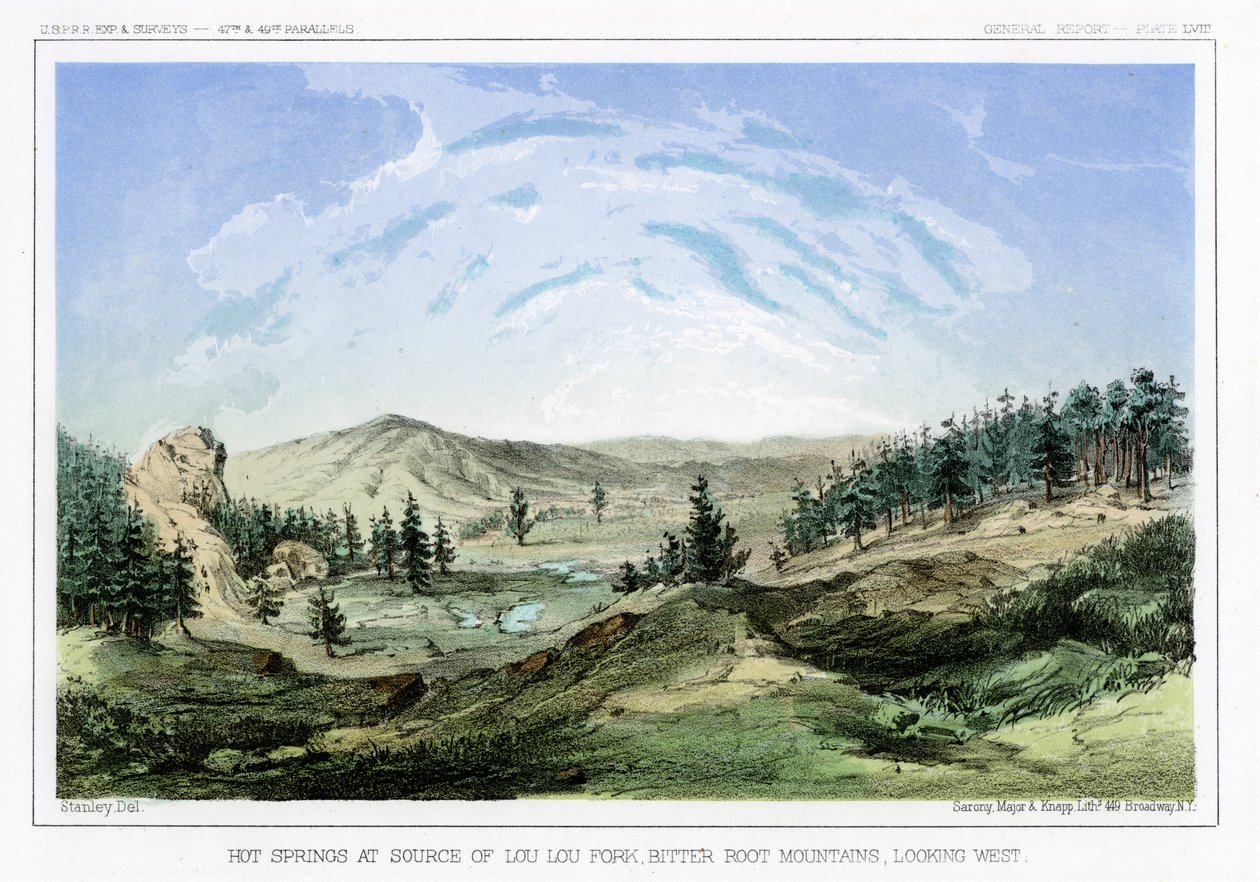 Hot Springs niiden lähteellä Lou Lou Forkissa, Bitterroot Mountainsissa, Montanassa, Yhdysvalloissa, 1856. tekijältä John Mix Stanley