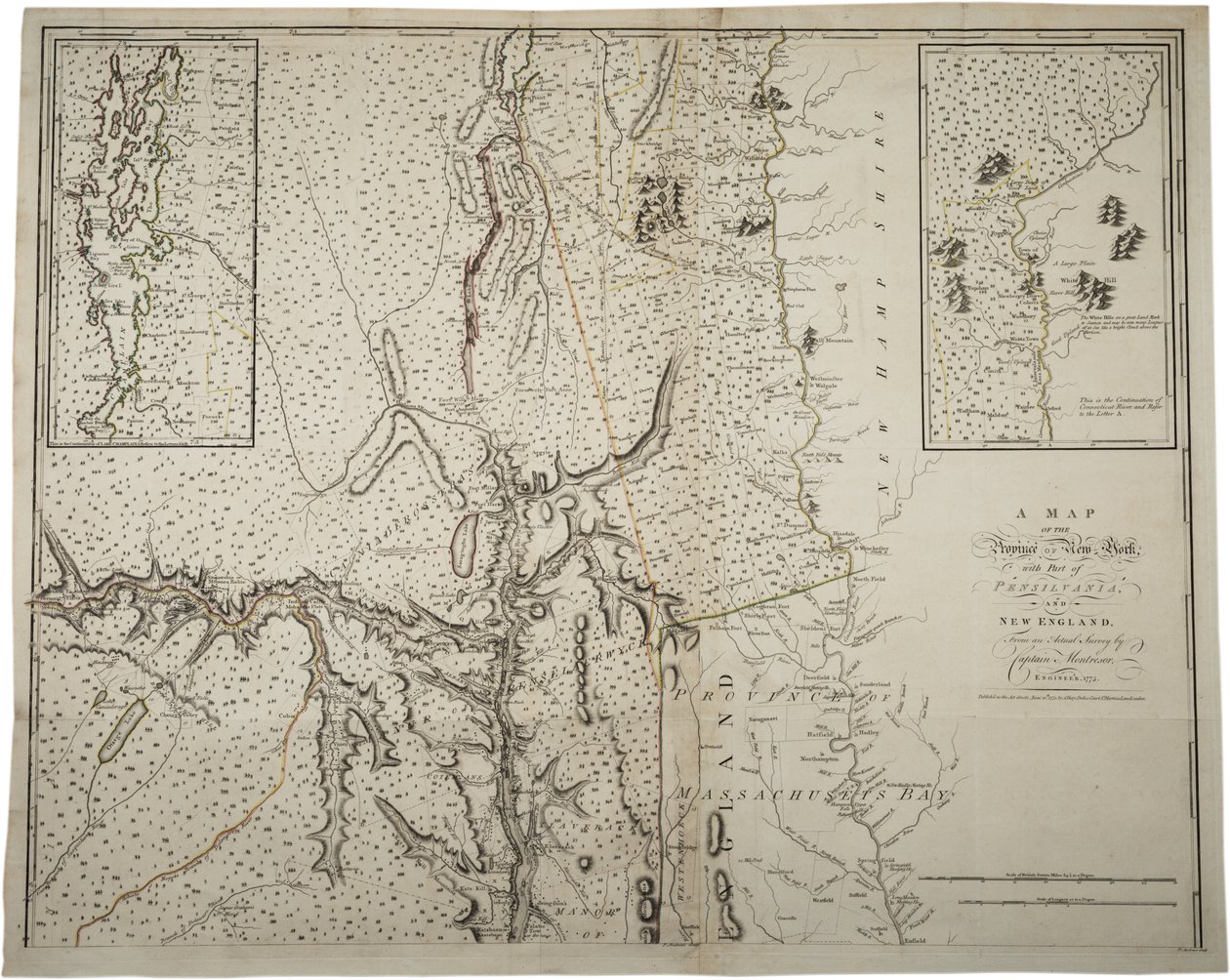 Kartta New Yorkin maakunnasta osan Pennsylvaniasta ja Uudesta Englannista, kapteeni Montrésorin varsinaisesta tutkimuksesta, insinööri, 1775, 10. kesäkuuta 1775 tekijältä John Montresor
