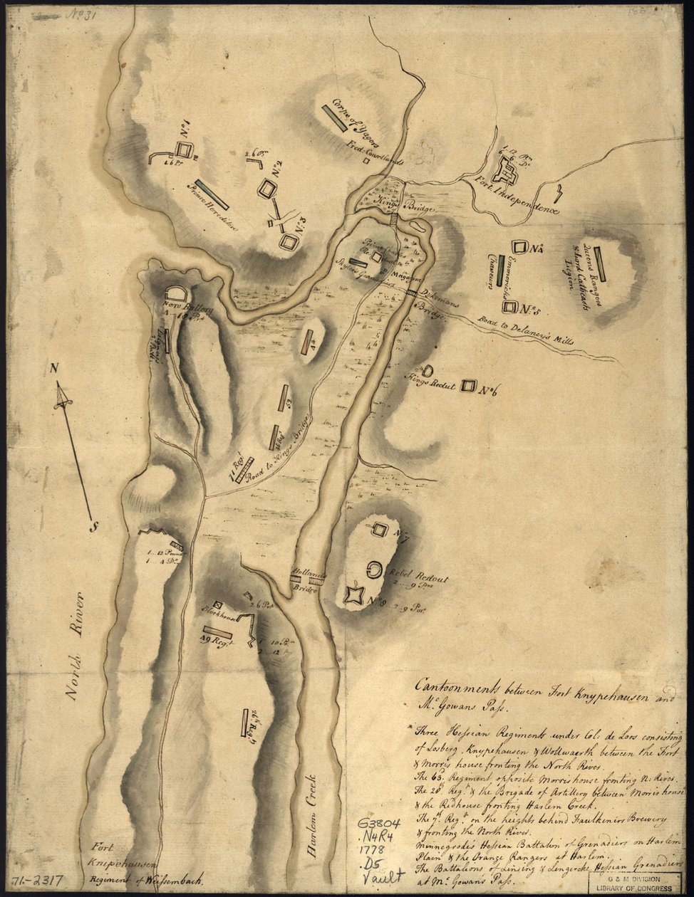 (Brittiläisten joukkojen sijoittaminen, linnoitukset Knipehausenin linnakkeesta pohjoiseen, eli Fort Washingtonista Fort Independenceen. LOC gm71002317 tekijältä John Montresor