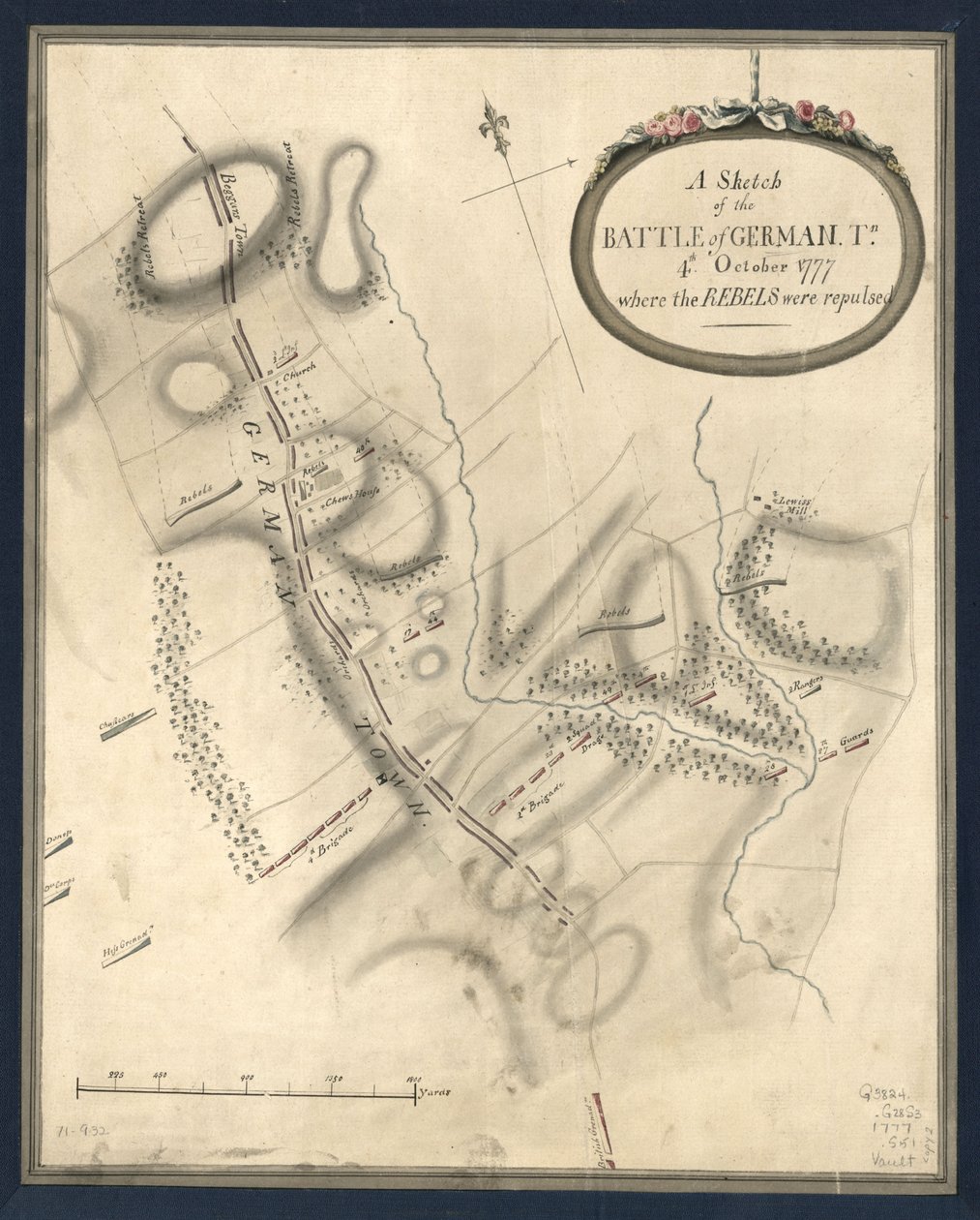 Luonnos Saksan taistelusta. Tn., 4. lokakuuta 1777, jossa kapinalliset torjuttiin. LOC gm71000932 tekijältä John Montresor